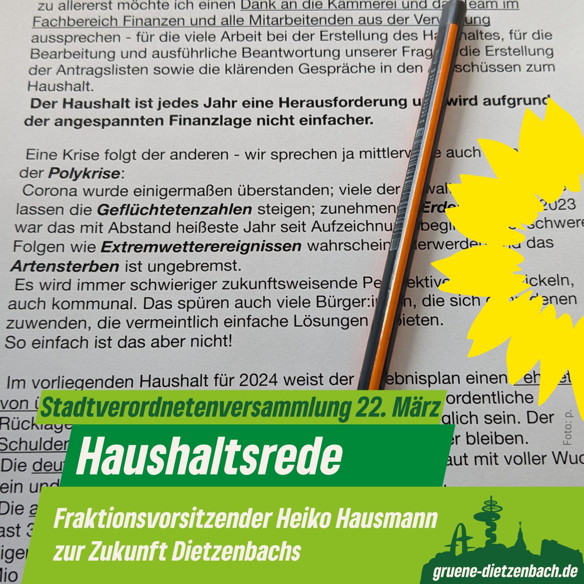 Sharepic:. Zu sehen ist das Foto eines Teils der Haushaltsrede des Grüne-Dietzenbach-Fraktionsvorsitzenden Heiko Hausmann